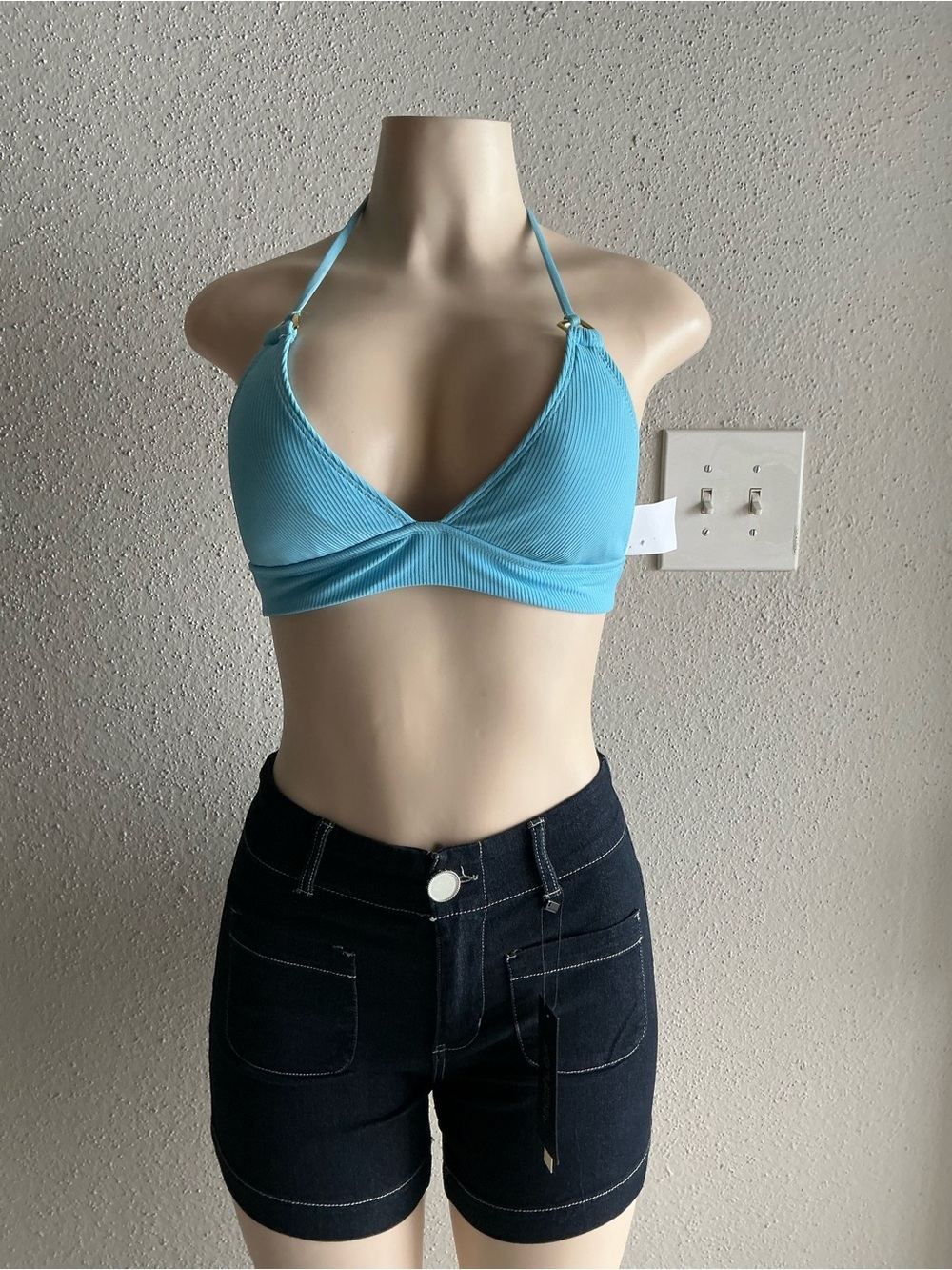 BECCA Aqua Ribbed Halter Bikini Top